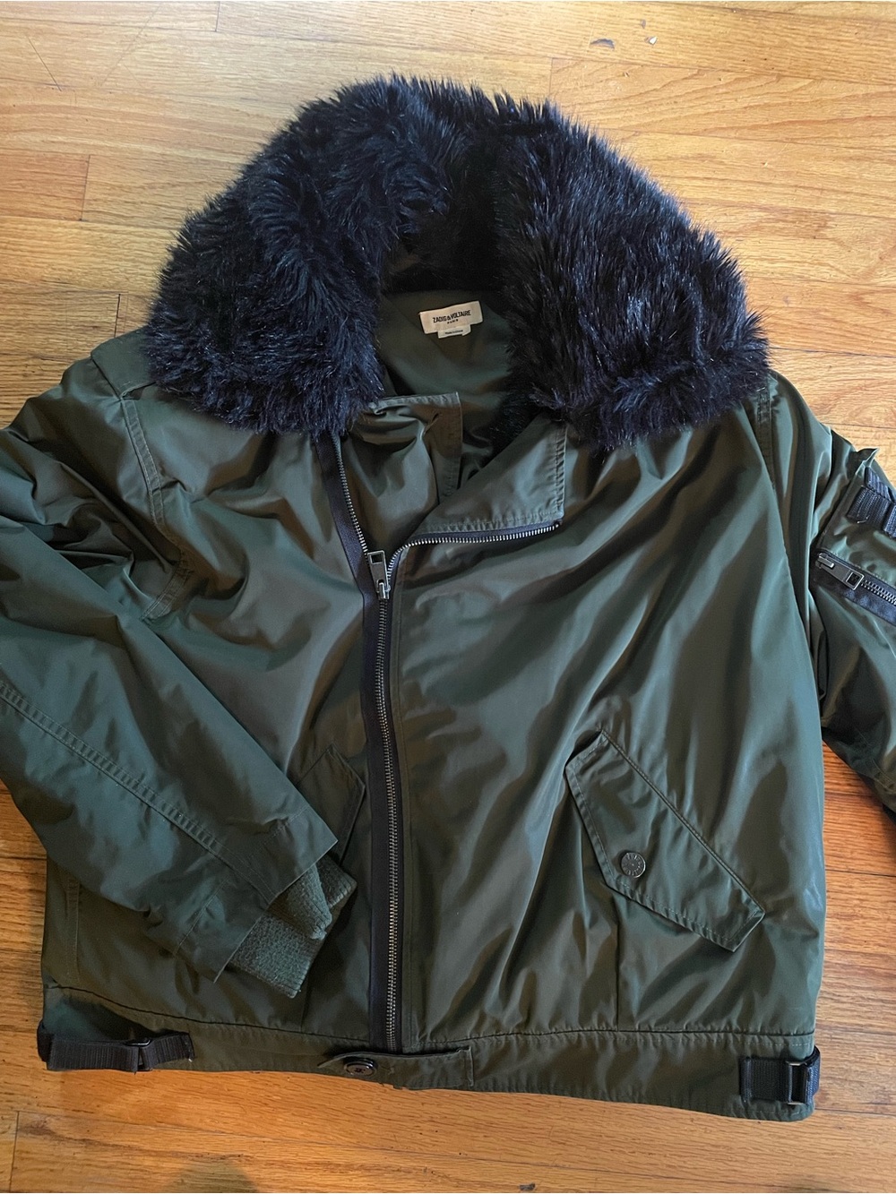 Zadig & Voltaire Olive Green Bomber Jacket with Black Faux Fur Collar Medium